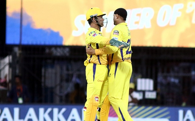 Chennai: Chenanai Super Kings players M.S.Dhoni and Harbhajan Singh celebrate the fall of Chris Gayle and Mayanak Agarwal's wicket during the 18th match of IPL 2019 between Chennai Super Kings and Kings XI Punjab at MA Chidambaram Stadium in Chennai on April 6, 2019. (Photo: IANS)