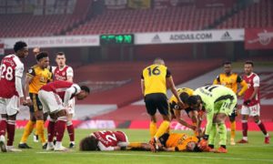 Arsenal’s David Luiz and Raul Jimenez of Wolves were involved in a sickening head collision